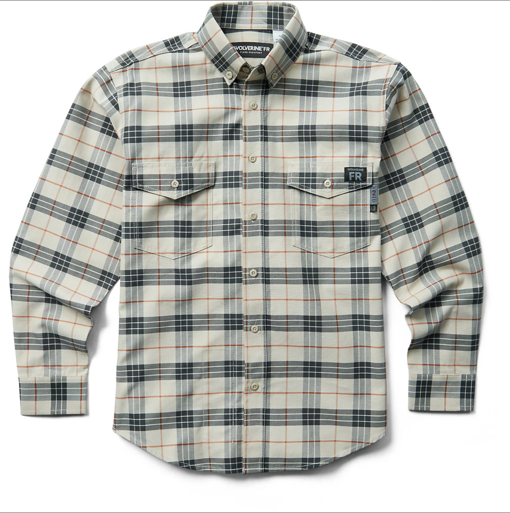 Wolverine Mens FR Twill Shirt XXL Cream Black Plaid Long Sleeve NWT